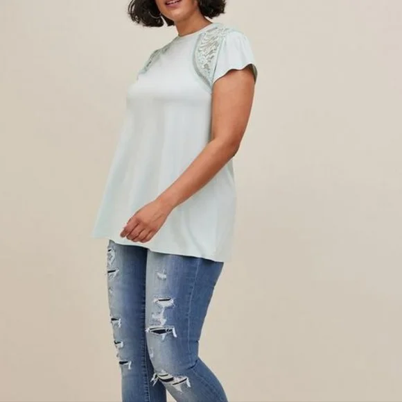 Torrid plus lace shoulders mock neck jersey knit top, 5X, mint blue/ aqua - Picture 2 of 13